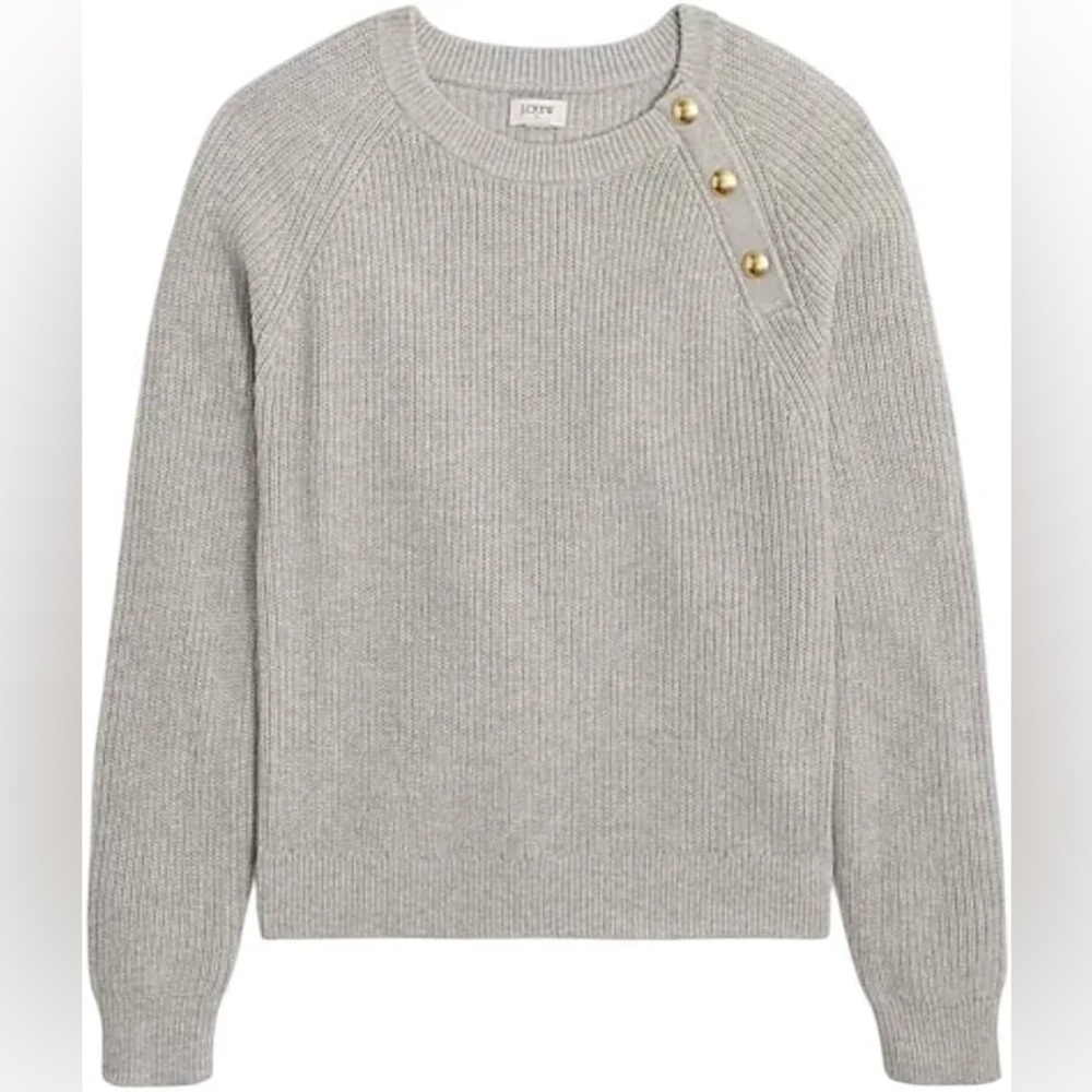 J Crew Light Gray Crewneck Sweater with Gold Shoulder Buttons